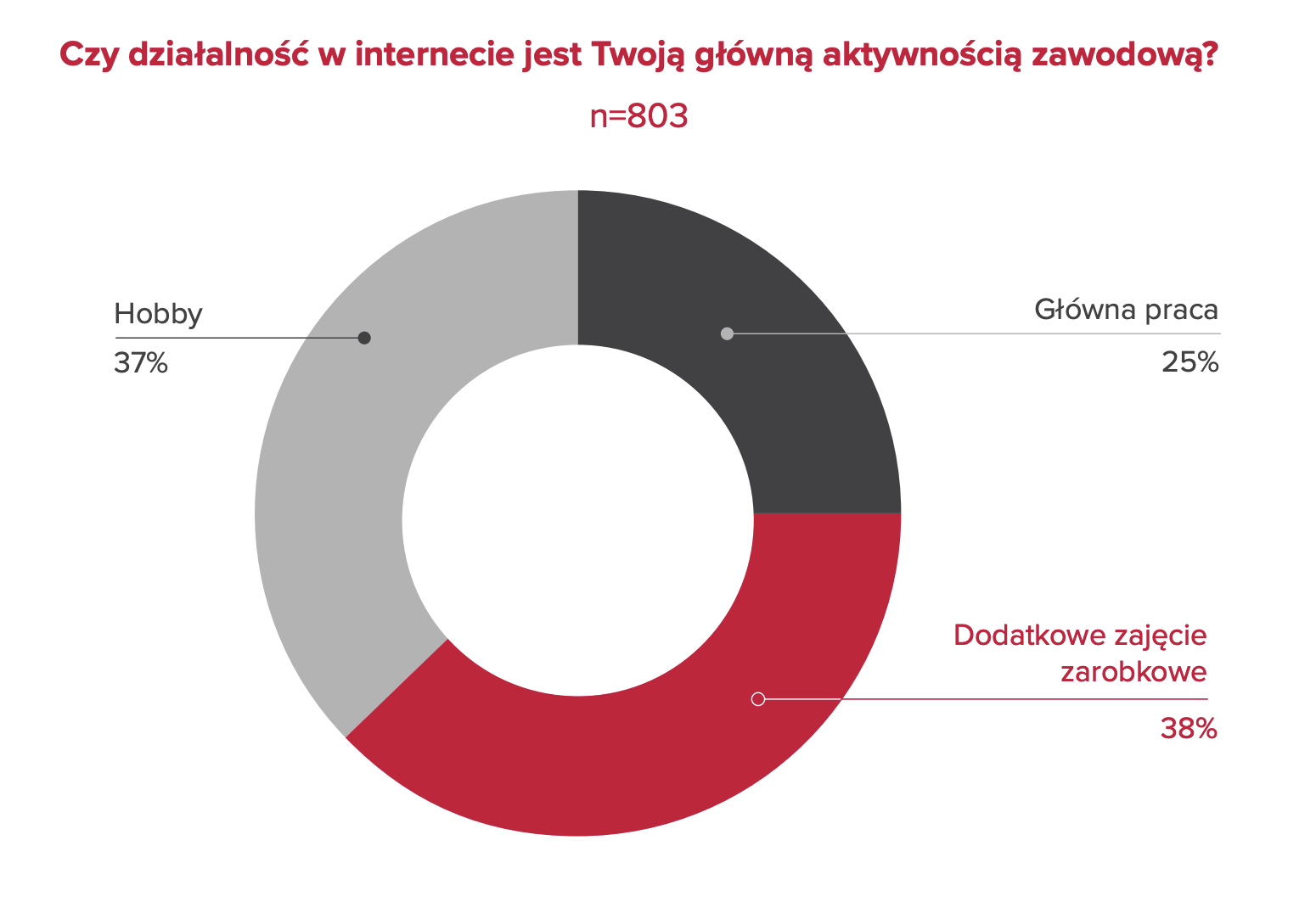 Wykres kołowy „czy działalność w internecie jest Twoją główną aktywnością zawodową”: główna praca 25%, dodatkowe zajęcie zarobkowe 38%, hobby 37%