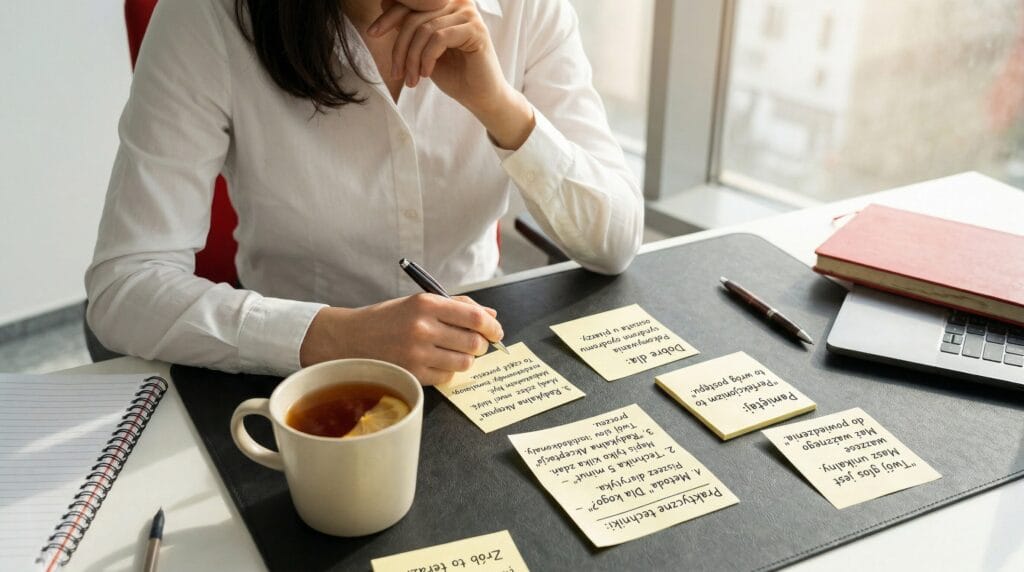 Osoba trzymająca podkładkę z napisem 'Mental Tired Kit', obok filiżanka herbaty i żółte karteczki na biurku. Scena sprzyjająca relaksowi i zarządzaniu stresem.